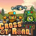 Traja farební roboti a dron na ceste s nápisom „Cross Robot Road“ v popredí