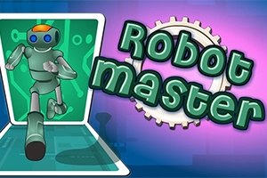 Robot postavička vystupujúca z obrazovky vedľa nápisu Robot Master na farebnom pozadí