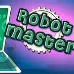 Robot postavička vystupujúca z obrazovky vedľa nápisu Robot Master na farebnom pozadí