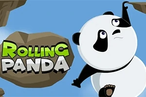 Kreslená panda lezie na skalách s názvom Rolling Panda v zeleno-sivom písme na modrom pozadí