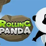 Kreslená panda lezie na skalách s názvom Rolling Panda v zeleno-sivom písme na modrom pozadí