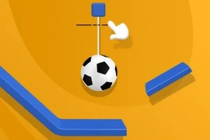 Čiernobiela futbalová lopta zavesená na bielej šnúre s modrým blokom na žlto-oranžovom pozadí s modrými prvkami