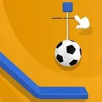 Čiernobiela futbalová lopta zavesená na bielej šnúre s modrým blokom na žlto-oranžovom pozadí s modrými prvkami
