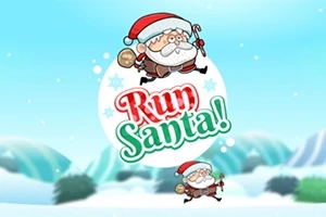 Santa Claus v skoku s vianočnými ozdobami na zimnom pozadí s nápisom „Run Santa!