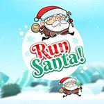Santa Claus v skoku s vianočnými ozdobami na zimnom pozadí s nápisom „Run Santa!