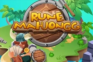 Ostrov s palmami a vikingskými prvkami s nápisom Rune Mahjongg v popredí