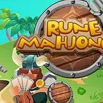 Ostrov s palmami a vikingskými prvkami s nápisom Rune Mahjongg v popredí