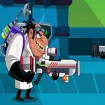 Dvaja animovaní postavy s futuristickými zbraňami stojace oproti sebe, vedecký zloduch a vojak v žltej uniforme