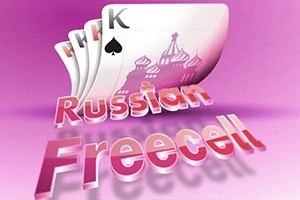 Tri hracie karty s ikonou K a symbolom piky pred ružovým pozadím s nápisom Russian Freecell