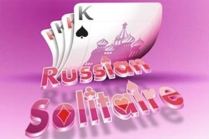 Kartové karty s emblémom veží a názov Russian Solitaire na ružovom pozadí