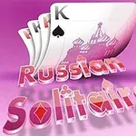Kartové karty s emblémom veží a názov Russian Solitaire na ružovom pozadí