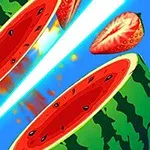 Krájajúci svetelný meč rozdeľuje melón a jahodu na modrom pozadí