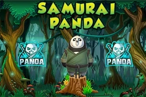 Panda oblečená ako samuraj stojí na pni v lese medzi dvoma svietiacimi znakmi