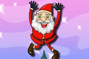 Vianočný Santa Claus v červenom oblečení s rukavicami skáče na fialovomodrom pozadí s hviezdami