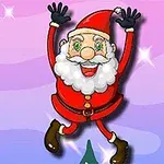 Vianočný Santa Claus v červenom oblečení s rukavicami skáče na fialovomodrom pozadí s hviezdami