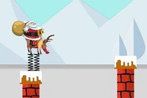 Santa Claus na sobovi skáče na pružine medzi komínmi v zasneženej krajine
