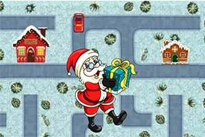 Santa Claus nesie darček v bludisku na zasneženej scéne s domčekmi a poštovou schránkou