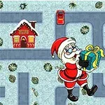 Santa Claus nesie darček v bludisku na zasneženej scéne s domčekmi a poštovou schránkou