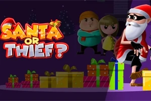 Obrázok zobrazuje maskovaného Santa Clausa držiaceho darčeky s nápisom Santa or Thief?