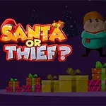 Obrázok zobrazuje maskovaného Santa Clausa držiaceho darčeky s nápisom Santa or Thief?