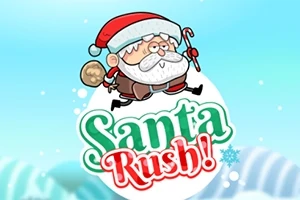 Ilustrácia Santa Clausa s vianočným čiapkom, držiaca palicu a vrece s darčekmi, s textom Santa Rush!