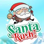 Ilustrácia Santa Clausa s vianočným čiapkom, držiaca palicu a vrece s darčekmi, s textom Santa Rush!