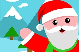 Kreslený Santa Claus s úsmevom stojí pred zasneženou zimnou krajinou s horami a stromami