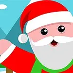 Kreslený Santa Claus s úsmevom stojí pred zasneženou zimnou krajinou s horami a stromami