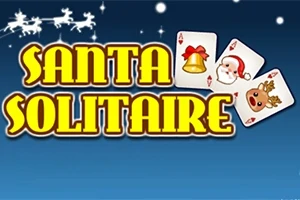 Nadpis „Santa Solitaire“ s vianočnými motívmi, ako sú symboly na hracích kartách a silueta saní so sobmi na modrom pozadí