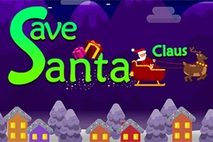 Text Save Santa Claus s grafickým zobrazením Santy na saniach, s darčekmi a sobom, nad zasneženou dedinou