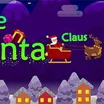 Text Save Santa Claus s grafickým zobrazením Santy na saniach, s darčekmi a sobom, nad zasneženou dedinou