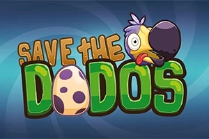 Farebná ilustrácia s nápisom „Save the Dodos“ s kresleným vtákom a vajcom