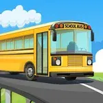 Žltý školský autobus jazdí po kľukatej ceste pod modrou oblohou s oblaky