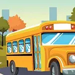 Žltý školský autobus jazdiaci na ceste v jesennom prostredí s farebnými stromami a mestskými budovami v pozadí
