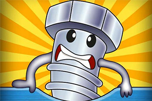 Animovaný skrutka s tvárou s vystrašeným výrazom na pozadí žltých lúčov