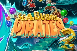 Farebný obrázok s nápisom Sea Bubble Pirates 2 s bublinami a pirátskou tématikou v pozadí