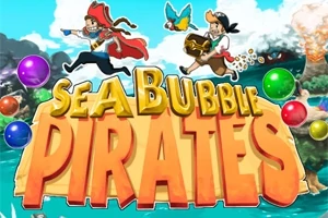Dvaja piráti s truhlou a papagájom bežia nad názvom Sea Bubble Pirates s farebnými bublinami v pozadí