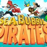 Dvaja piráti s truhlou a papagájom bežia nad názvom Sea Bubble Pirates s farebnými bublinami v pozadí