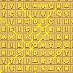 Mriežka žltých písmen s niekoľkými vyznačenými slovami v diagonálnych a vertikálnych líniách