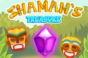 Farebný nápis z bambusu Shamans Treasure s fialovým drahokamom a dvomi šamanskými maskami na pozadí džungle