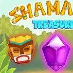 Farebný nápis z bambusu Shamans Treasure s fialovým drahokamom a dvomi šamanskými maskami na pozadí džungle