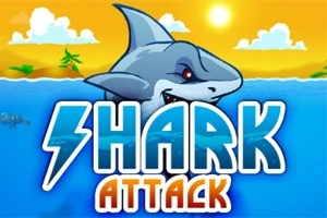 Kreslený žralok vychádzajúci z vody na pozadí západu slnka s nápisom Shark Attack