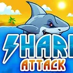 Kreslený žralok vychádzajúci z vody na pozadí západu slnka s nápisom Shark Attack