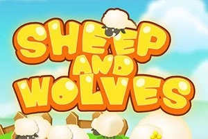 Nápis Sheep and Wolves v žlto-oranžovej farbe na pozadí modrej oblohy s oblakmi a ovcami