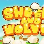 Nápis Sheep and Wolves v žlto-oranžovej farbe na pozadí modrej oblohy s oblakmi a ovcami