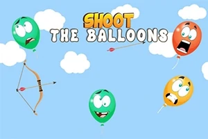 Farebné balóniky s tvárami vznášajúce sa na modrej oblohe s oblakmi, vedľa nápisu „SHOOT THE BALLOONS“ a luk s pripraveným šípom