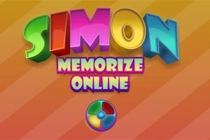 Farebný nápis so slovami SIMON MEMORIZE ONLINE na oranžovom pruhovanom pozadí s farebným kruhom pod ním