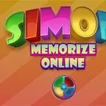 Farebný nápis so slovami SIMON MEMORIZE ONLINE na oranžovom pruhovanom pozadí s farebným kruhom pod ním