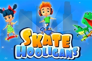 Dvaja kreslení deti a dinosaurus na skateboardoch s farebným nápisom v popredí na modrom pozadí