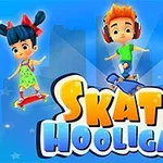 Dvaja kreslení deti a dinosaurus na skateboardoch s farebným nápisom v popredí na modrom pozadí